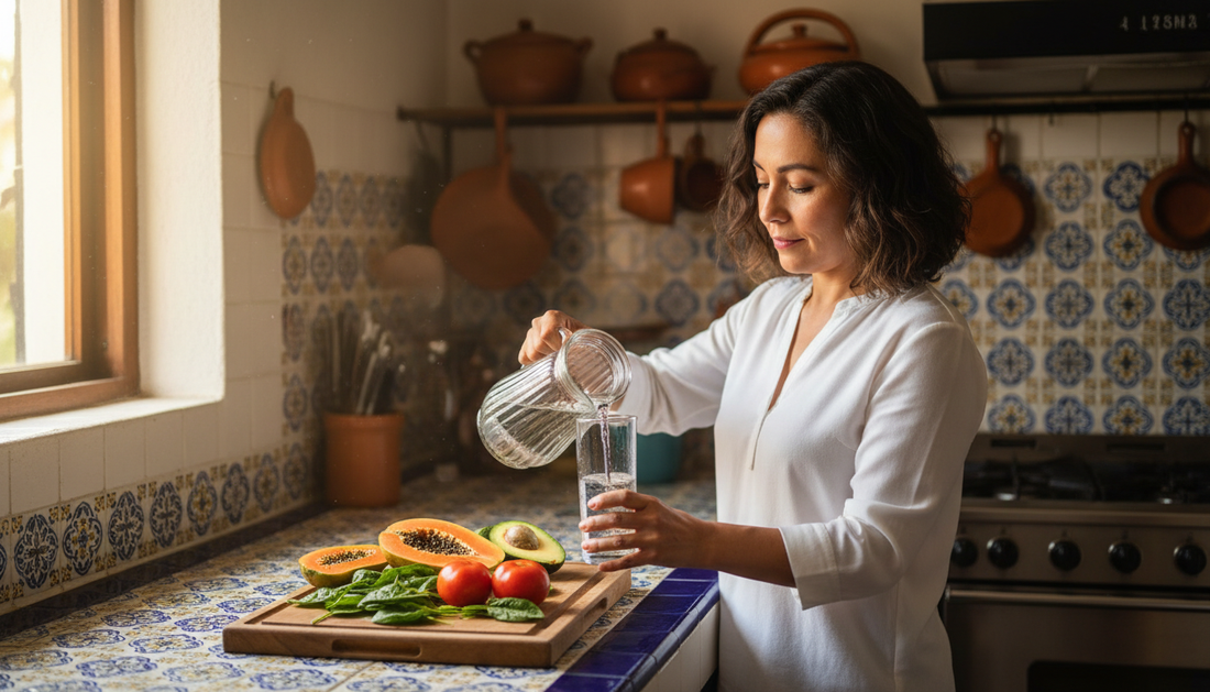 Mujer mexicana sirviendo agua en su cocina junto a frutas y verduras frescas