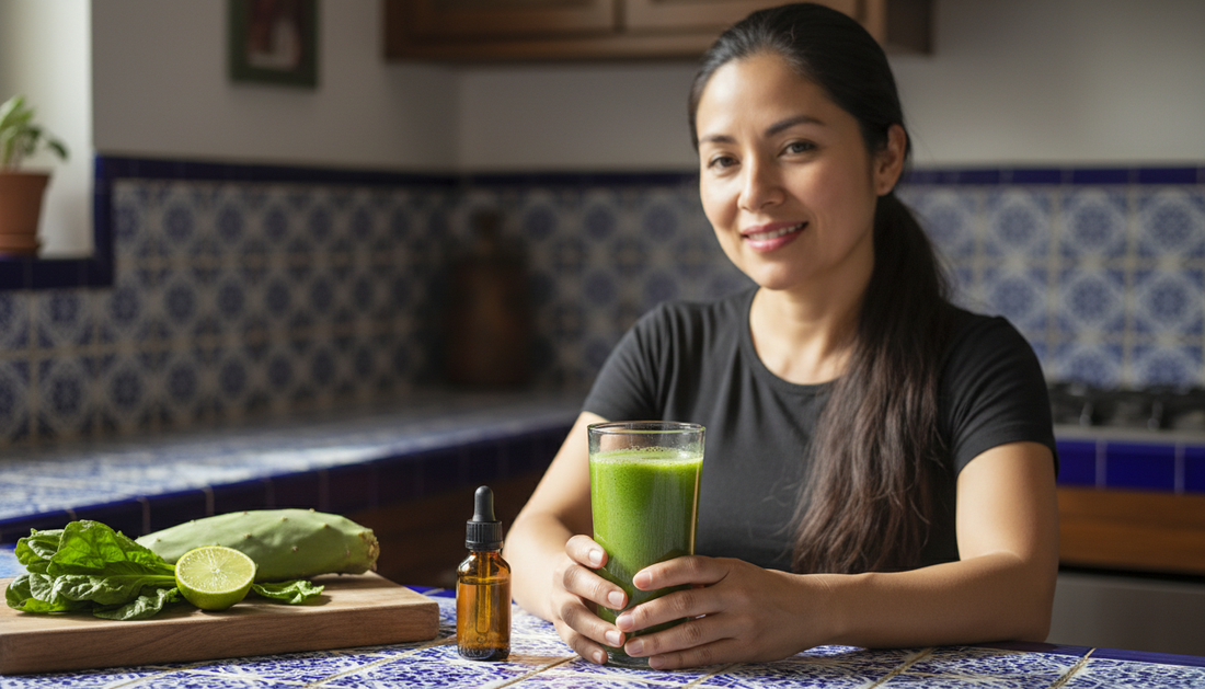 Mujer mexicana sosteniendo un vaso de agua con clorofila líquida en su cocina