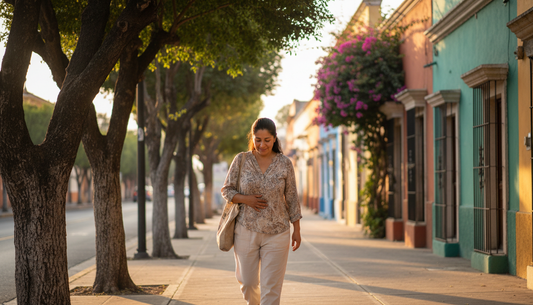 Mujer mexicana caminando por su colonia en la tarde después de comer