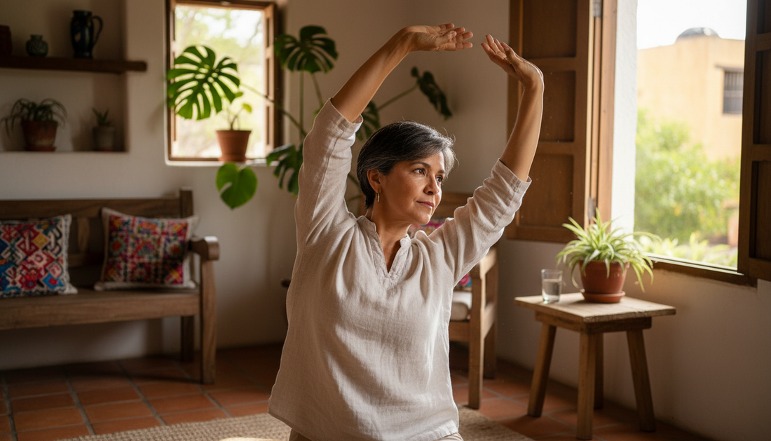 Mujer mexicana de 55 años estirándose junto a la ventana en su casa