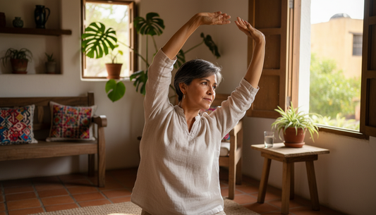 Mujer mexicana de 55 años estirándose junto a la ventana en su casa