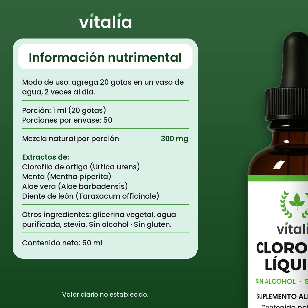 Información nutrimental clorofila líquida Vitalia