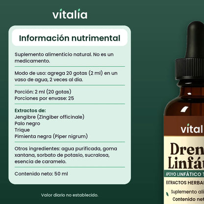 Información nutrimental gotas de drenaje linfático Vitalia